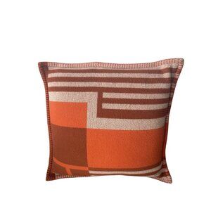 Hermes Paris Orange & Brown Geometric Wool & Cashmere Pillow Cover